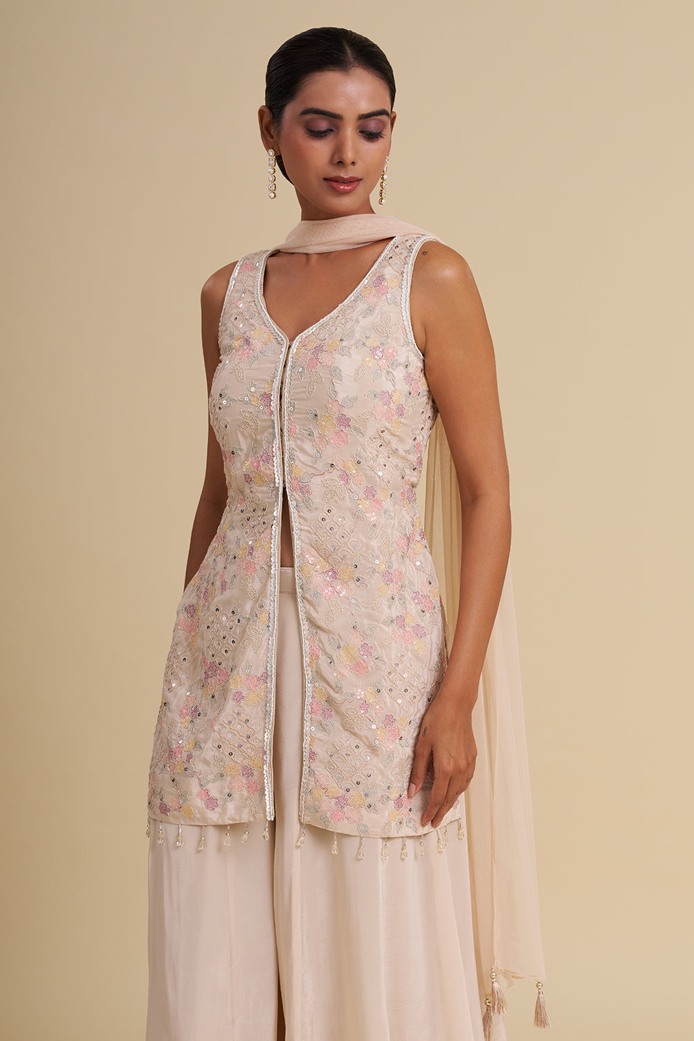 Beige Satin Organza Kurta Set with Floral Threadwork
