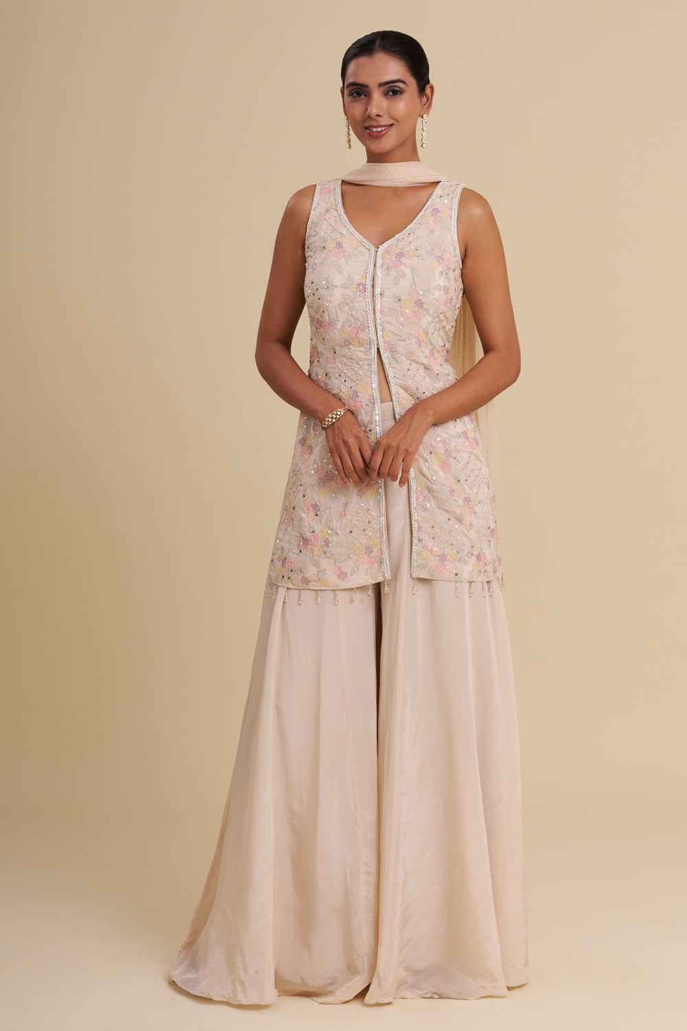 Beige Satin Organza Kurta Set with Floral Threadwork