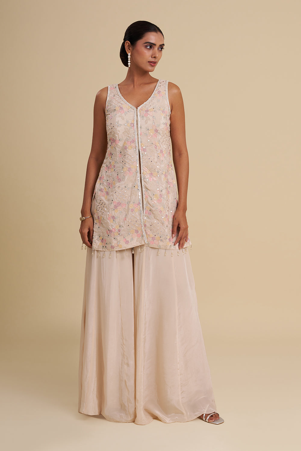 Beige Satin Organza Kurta Set with Floral Threadwork