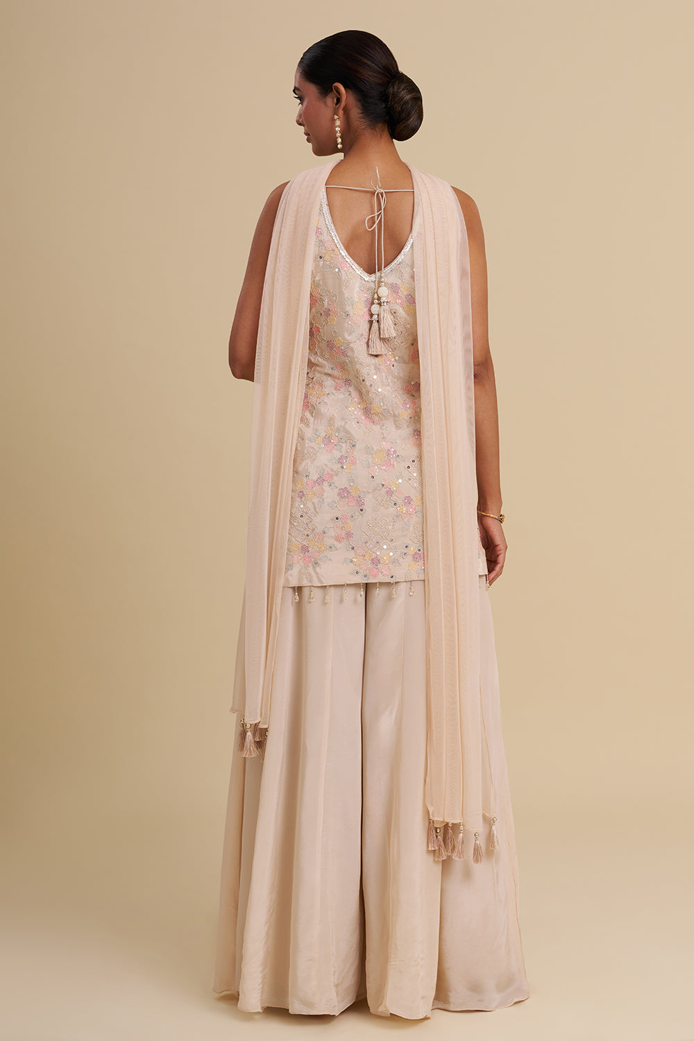 Beige Satin Organza Kurta Set with Floral Threadwork