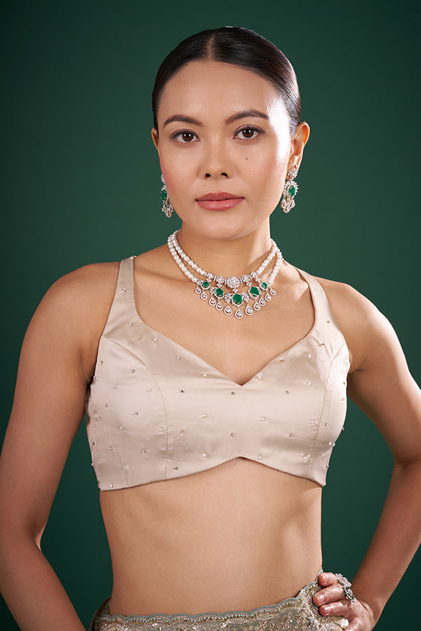 Beige Satin Silk Stone Work Blouse
