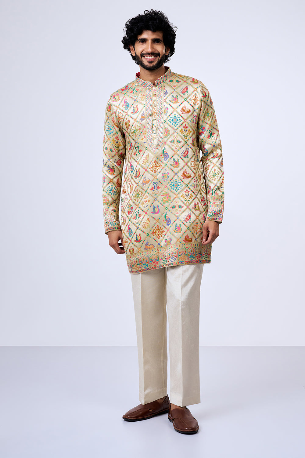 Beige Silk Blend Patola Heritage Printed Kurta Set
