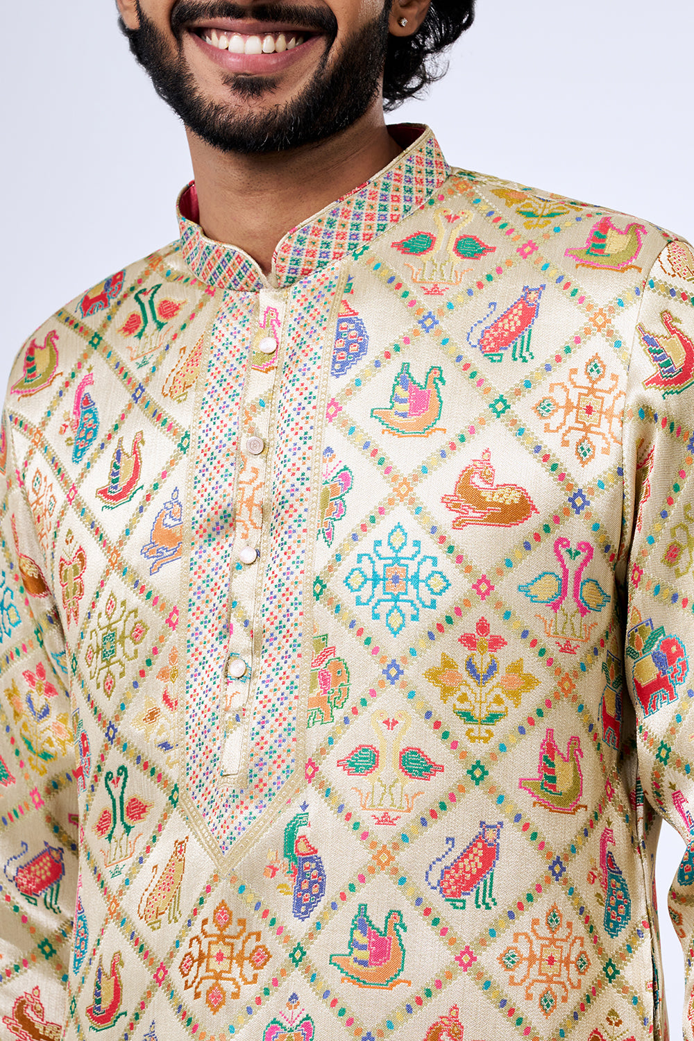 Beige Silk Blend Patola Heritage Printed Kurta Set