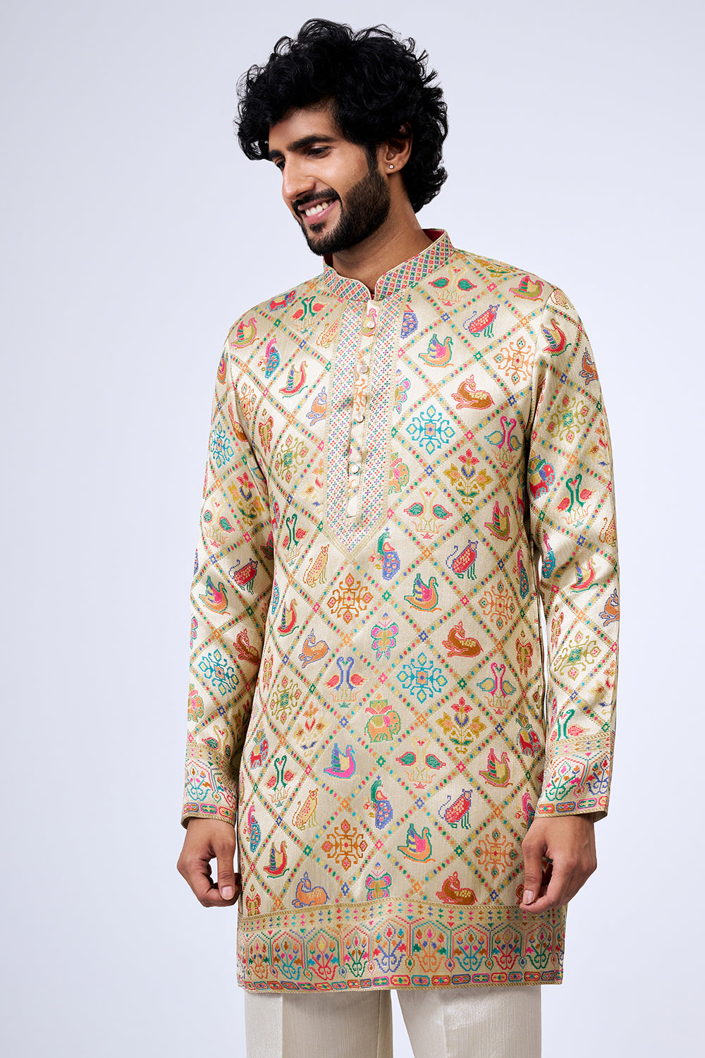 Beige Silk Blend Patola Heritage Printed Kurta Set