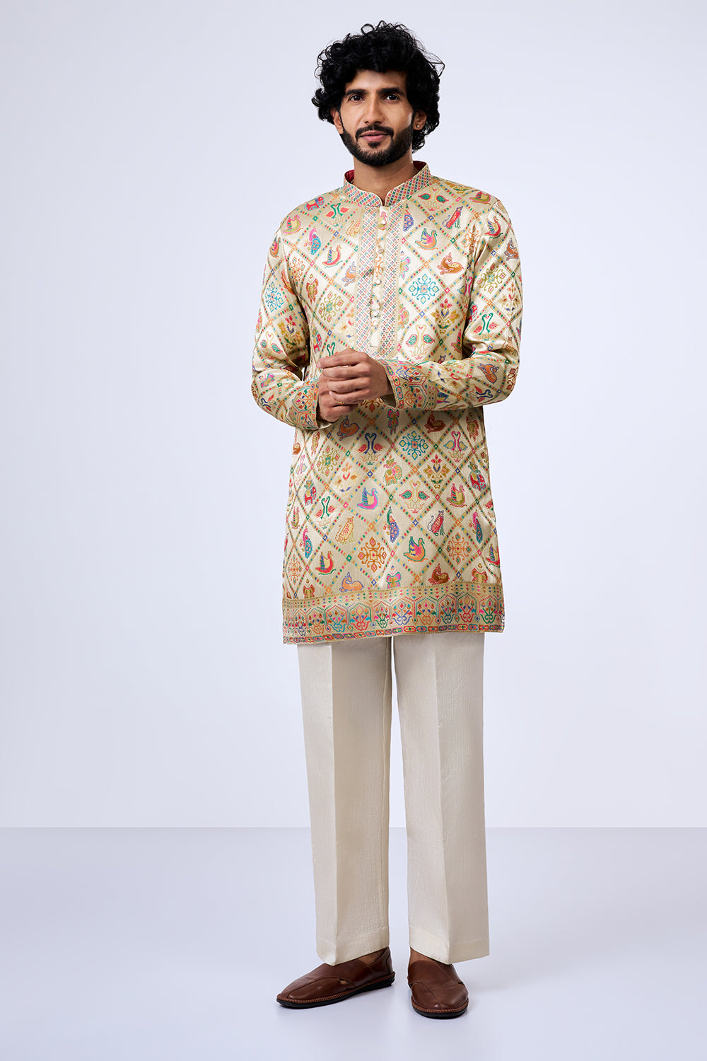 Beige Silk Blend Patola Heritage Printed Kurta Set