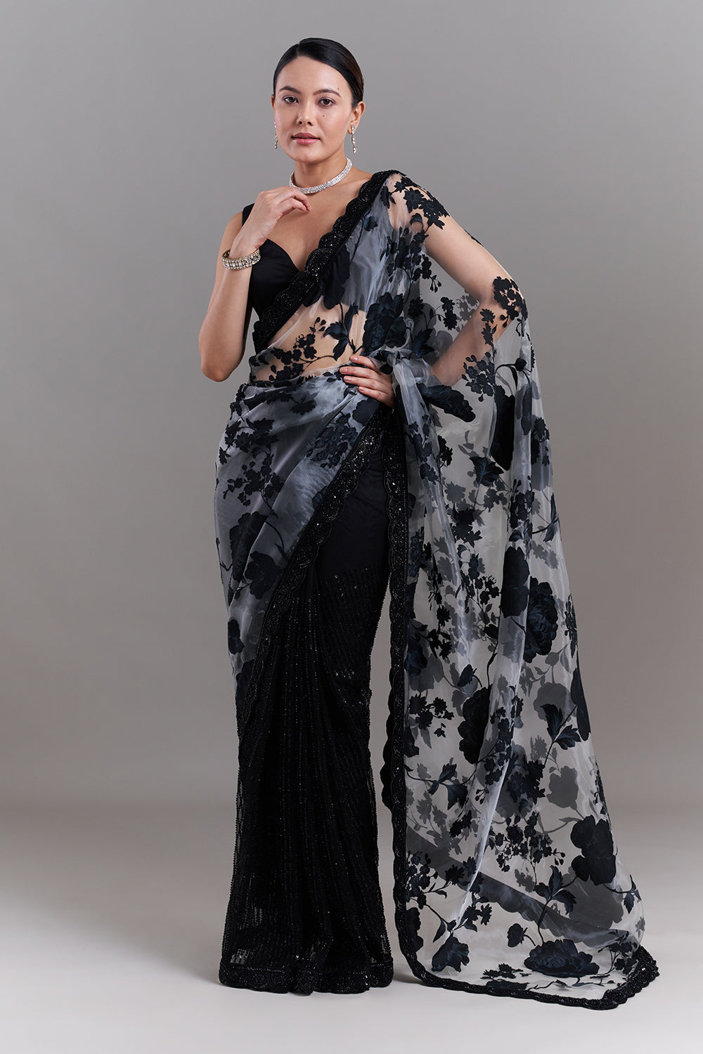 Black and Grey Satin Appliqué Saree