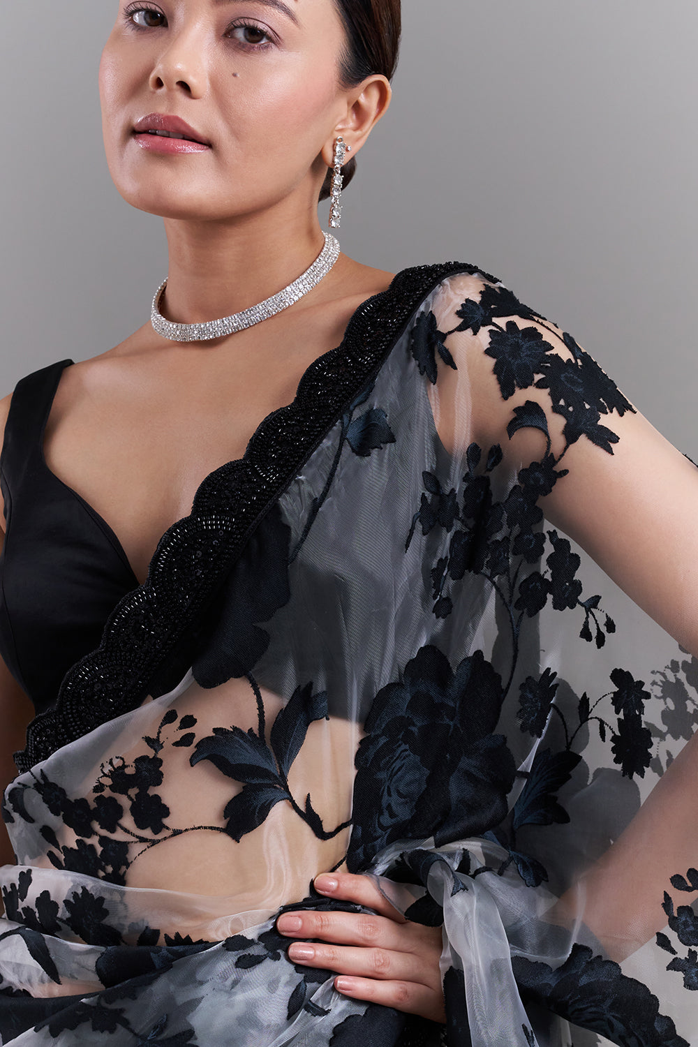 Black and Grey Satin Appliqué Saree
