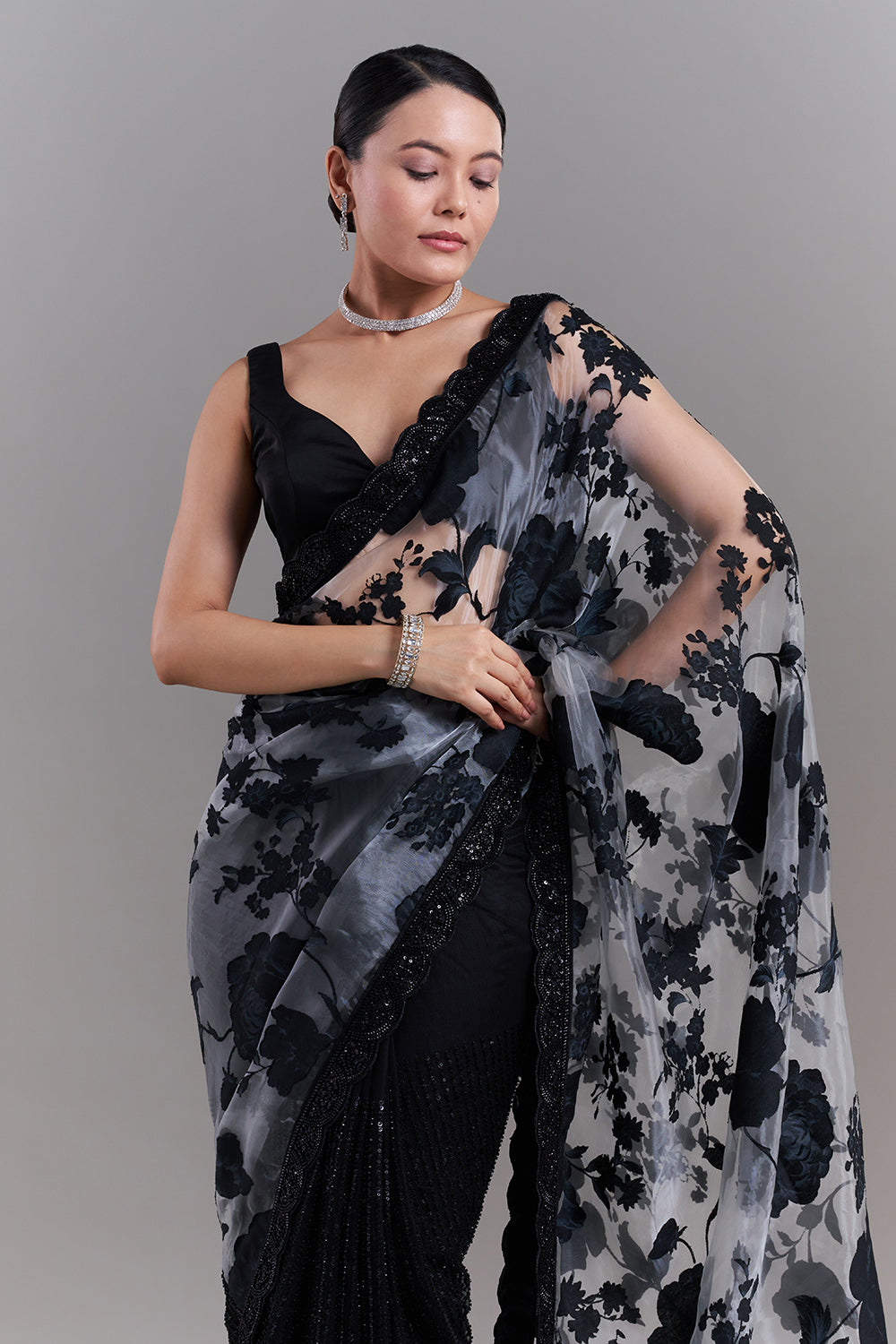Black and Grey Satin Appliqué Saree