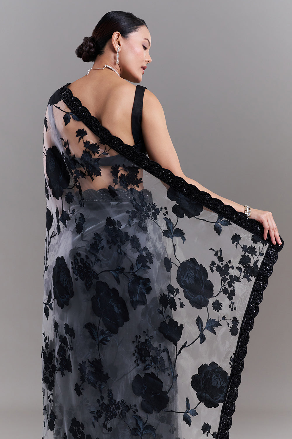 Black and Grey Satin Appliqué Saree