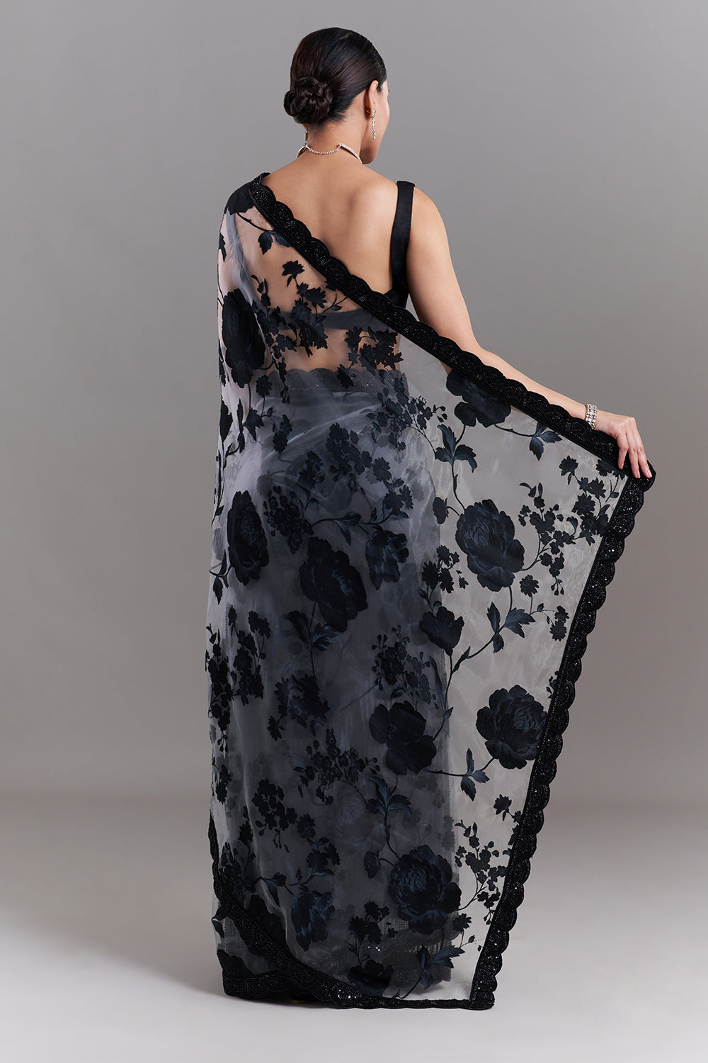 Black and Grey Satin Appliqué Saree