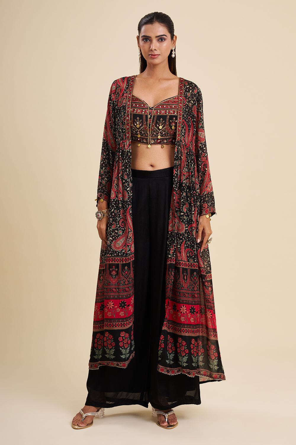 Black and Red Chiffon Fusion Set with Ajrakh Work