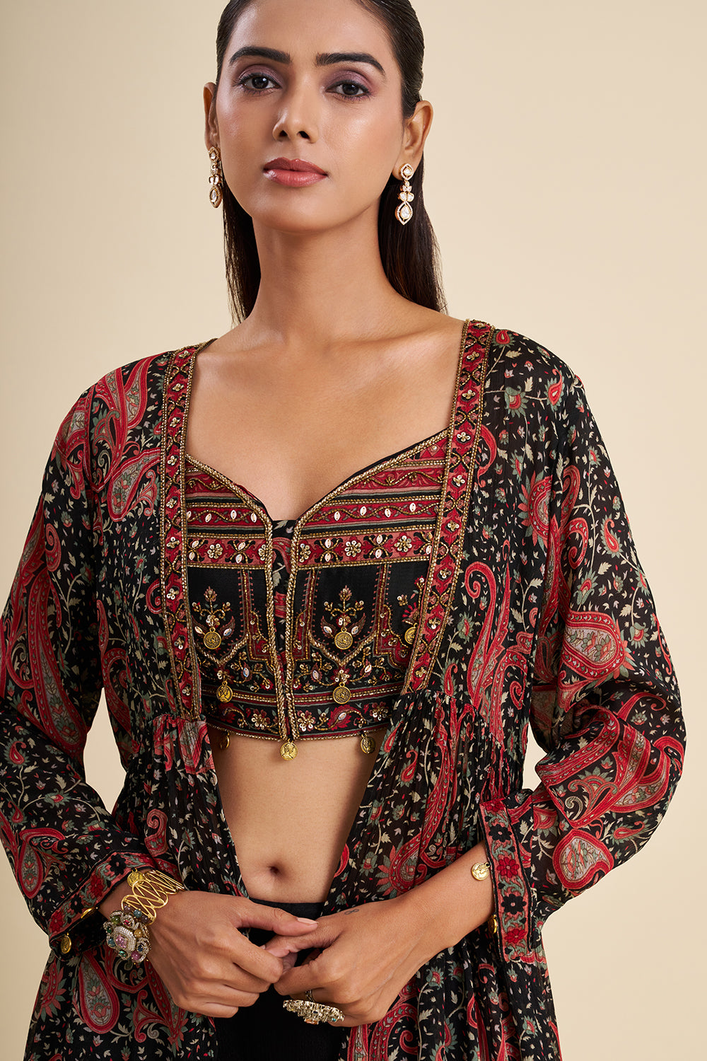 Black and Red Chiffon Fusion Set with Ajrakh Work