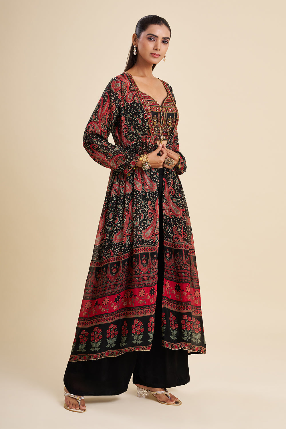 Black and Red Chiffon Fusion Set with Ajrakh Work