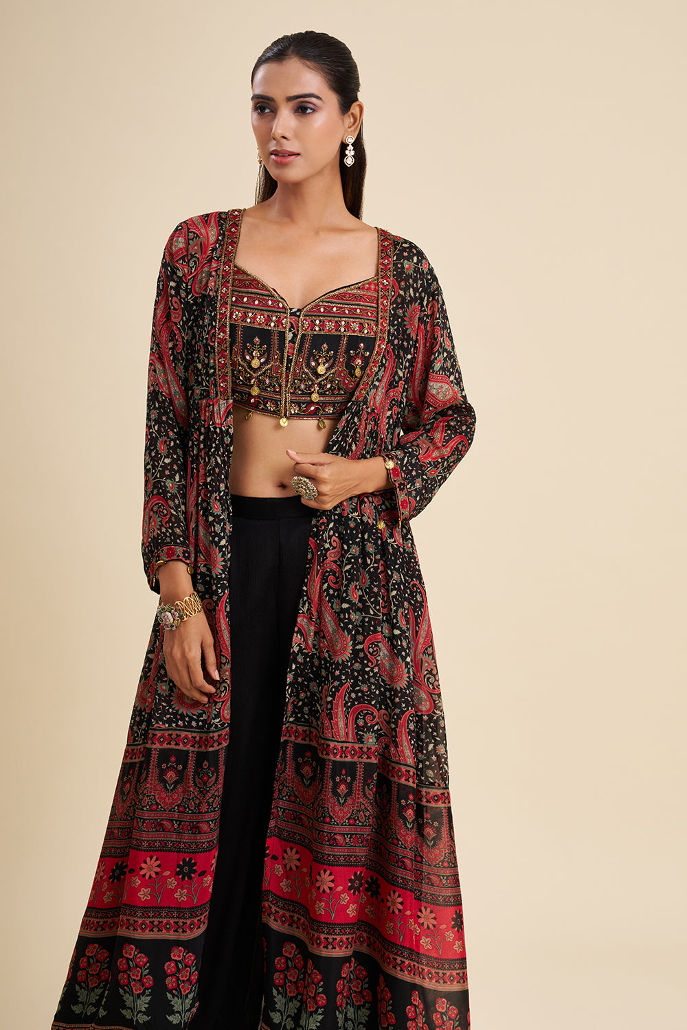 Black and Red Chiffon Fusion Set with Ajrakh Work