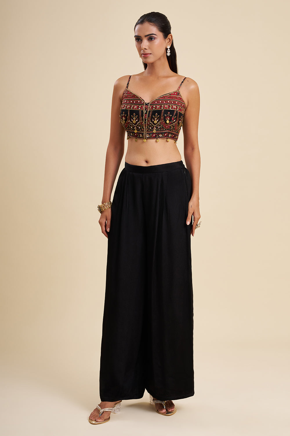 Black and Red Chiffon Fusion Set with Ajrakh Work