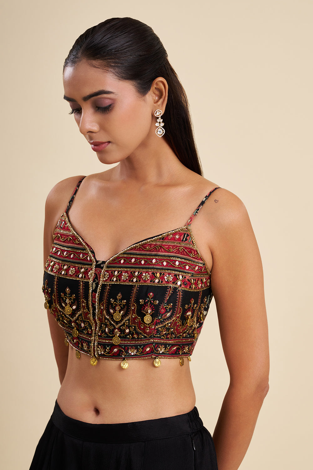 Black and Red Chiffon Fusion Set with Ajrakh Work
