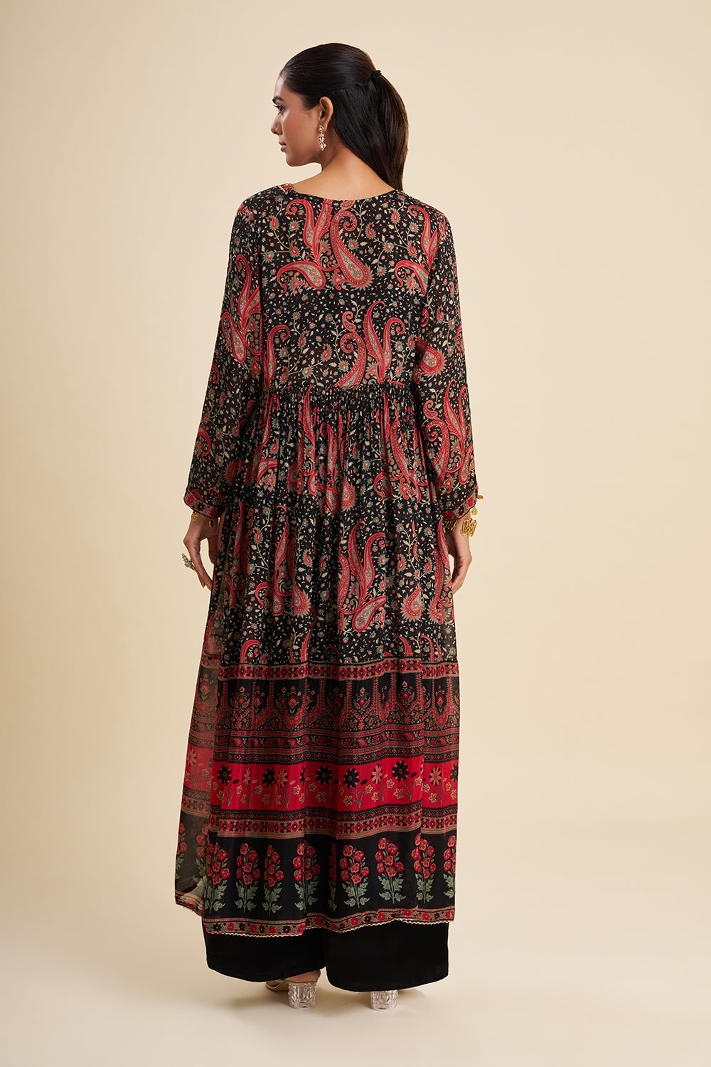 Black and Red Chiffon Fusion Set with Ajrakh Work