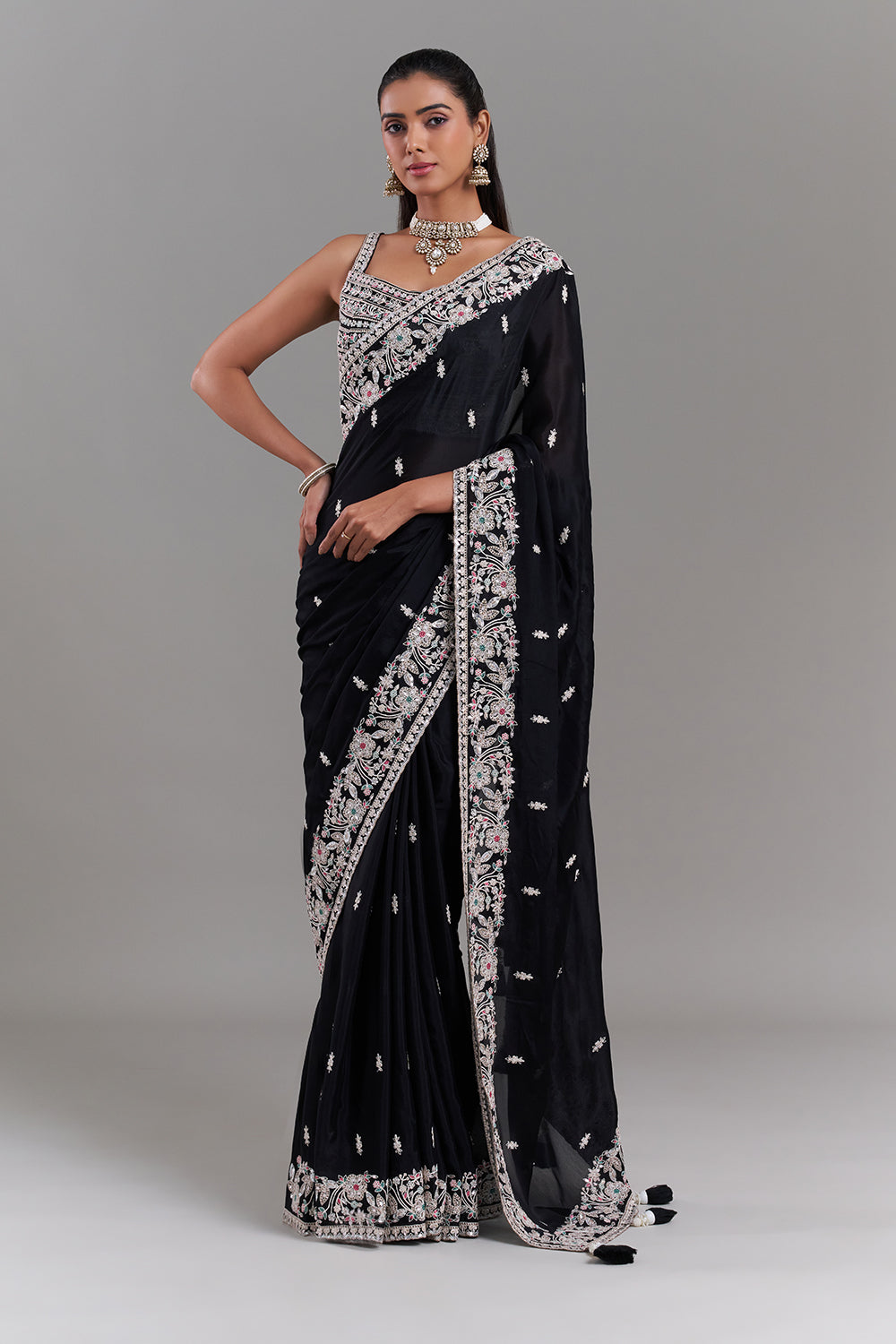 Black Crepe Embroidered Saree with Floral Border