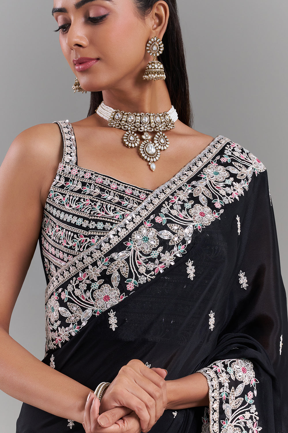 Black Crepe Embroidered Saree with Floral Border
