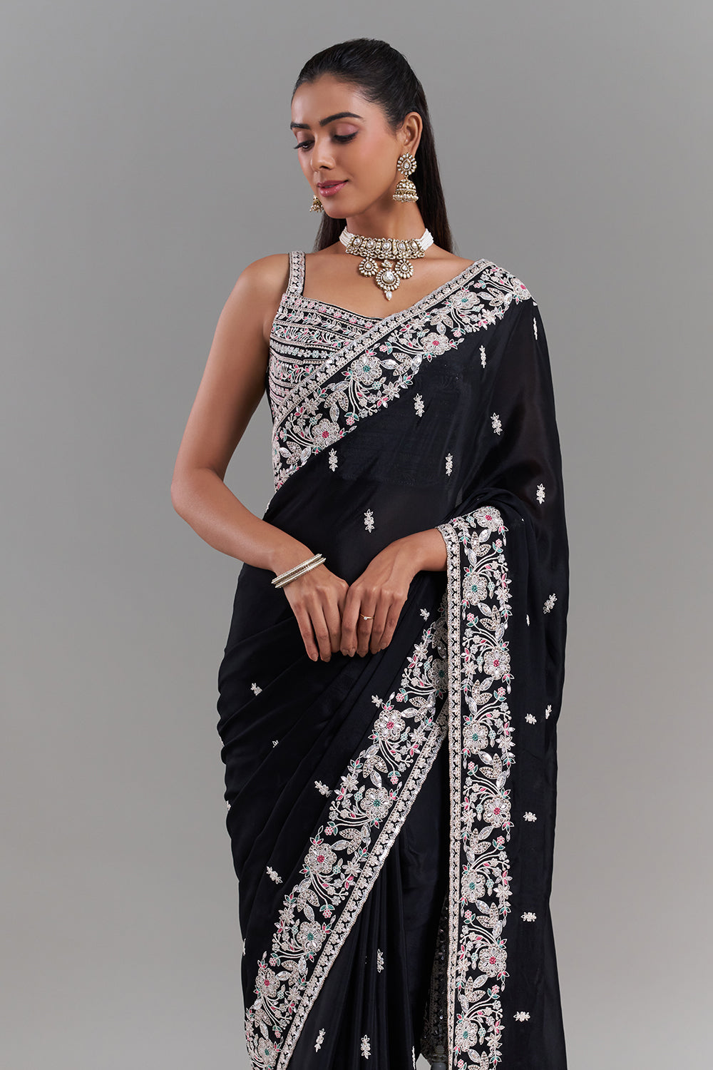 Black Crepe Embroidered Saree with Floral Border