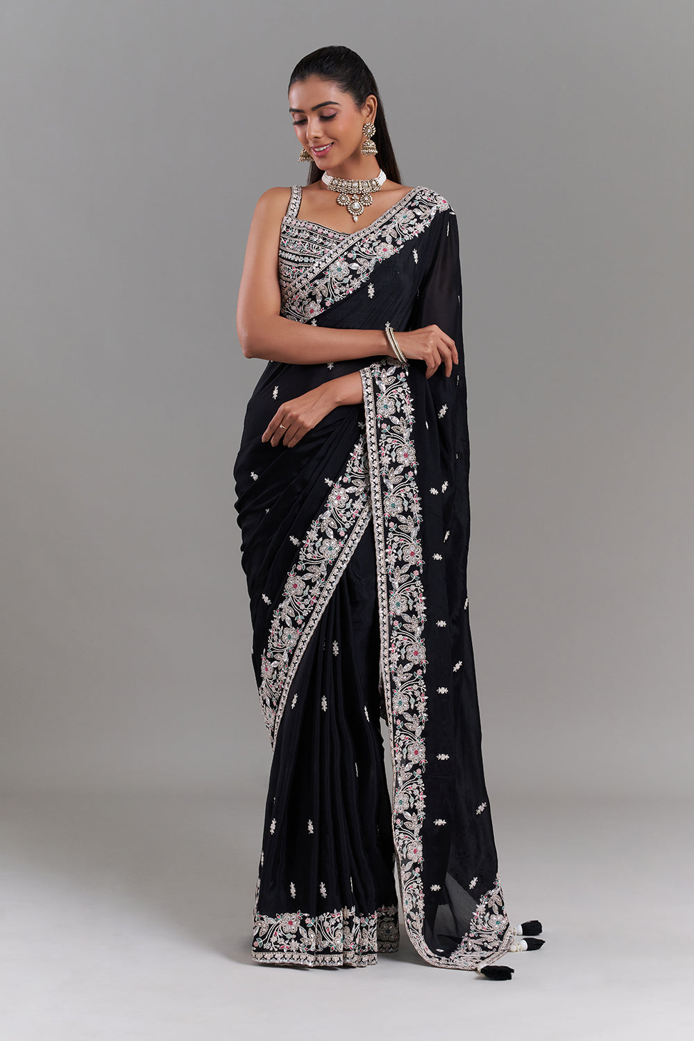 Black Crepe Embroidered Saree with Floral Border