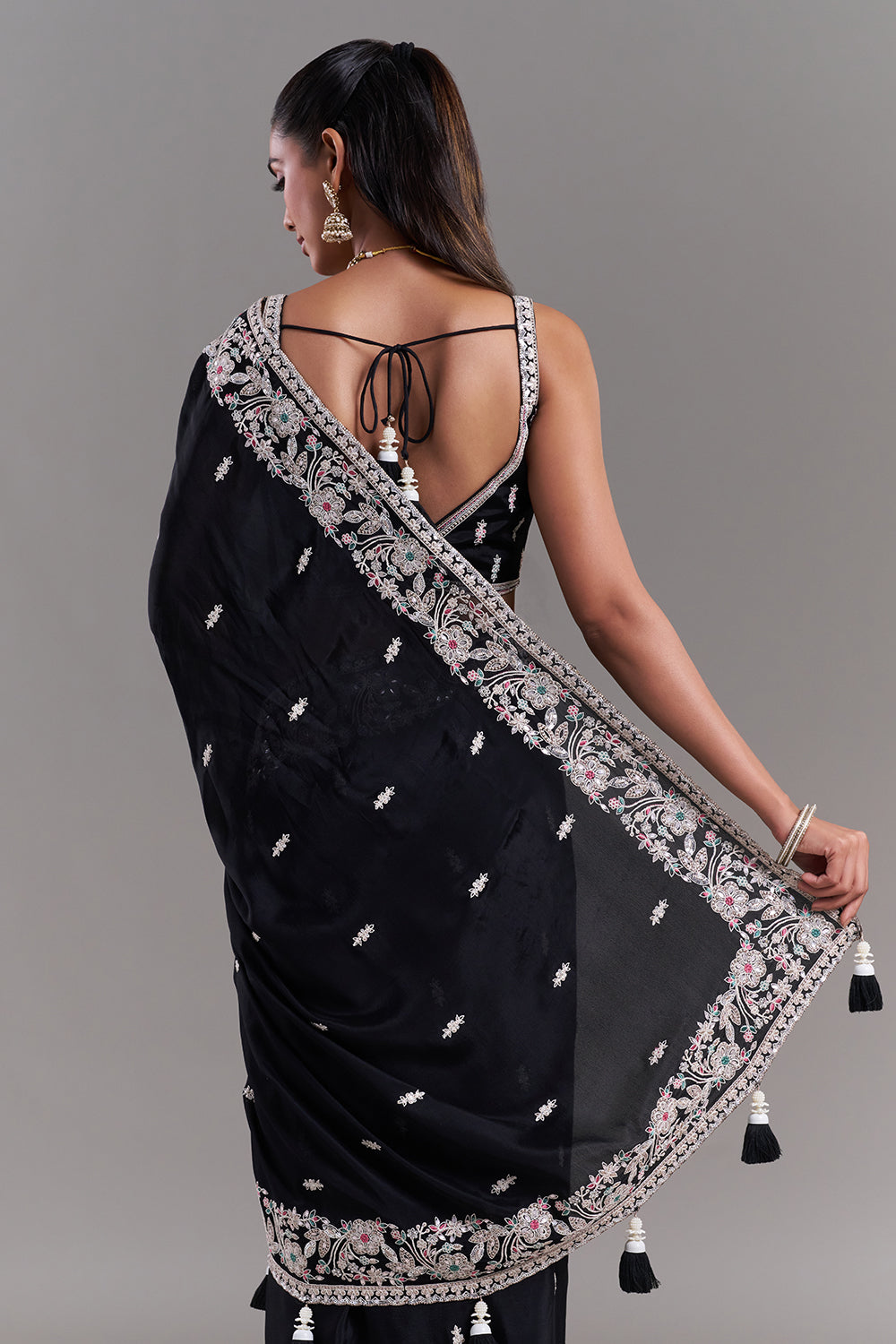 Black Crepe Embroidered Saree with Floral Border