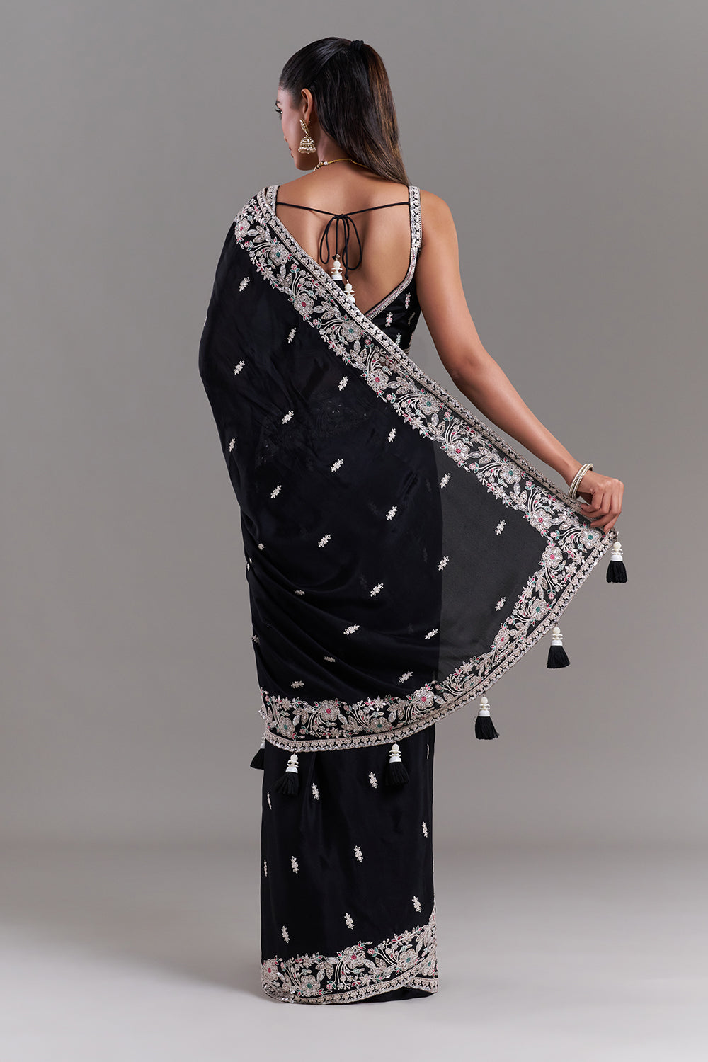 Black Crepe Embroidered Saree with Floral Border