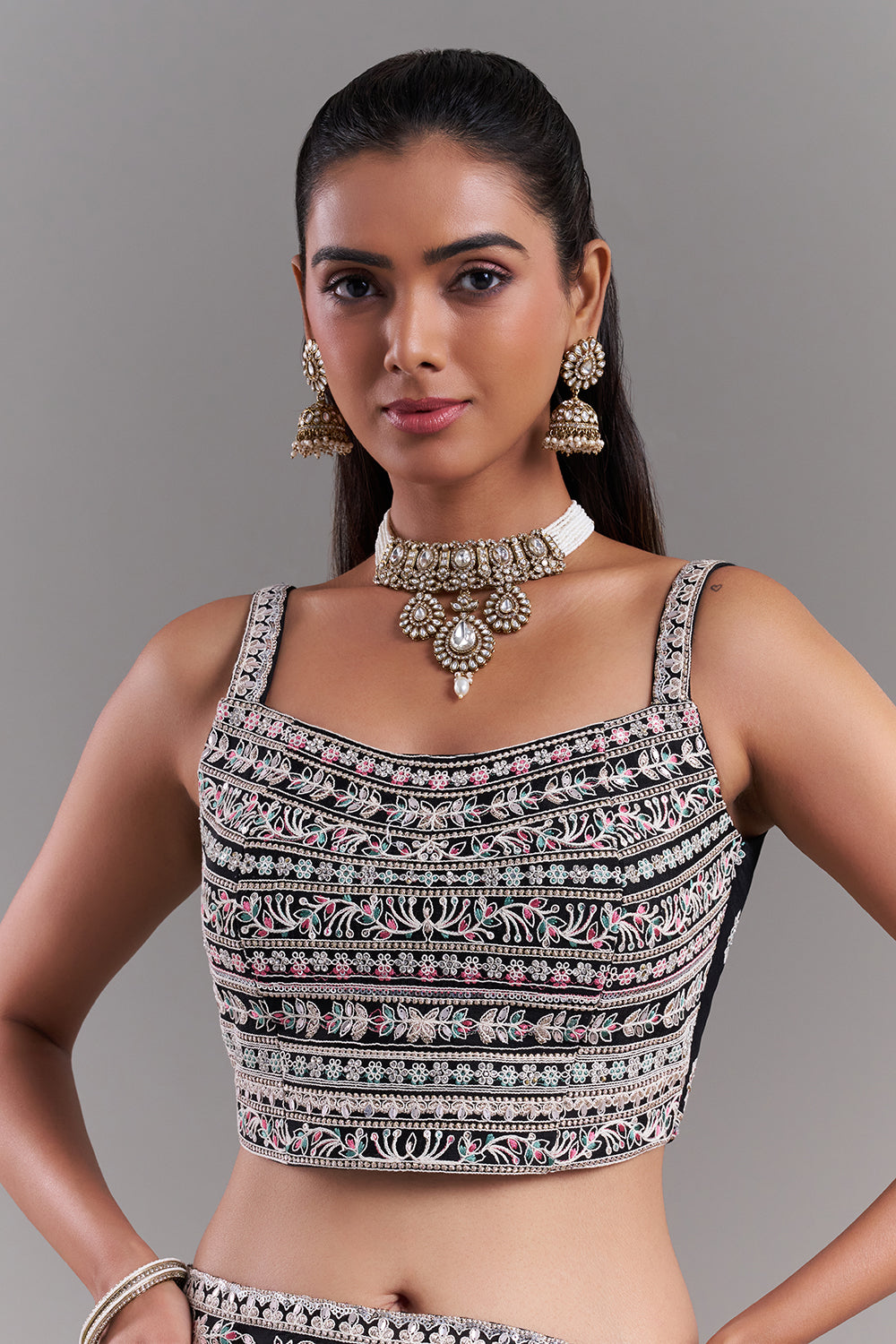 Black Crepe Embroidered Saree with Floral Border