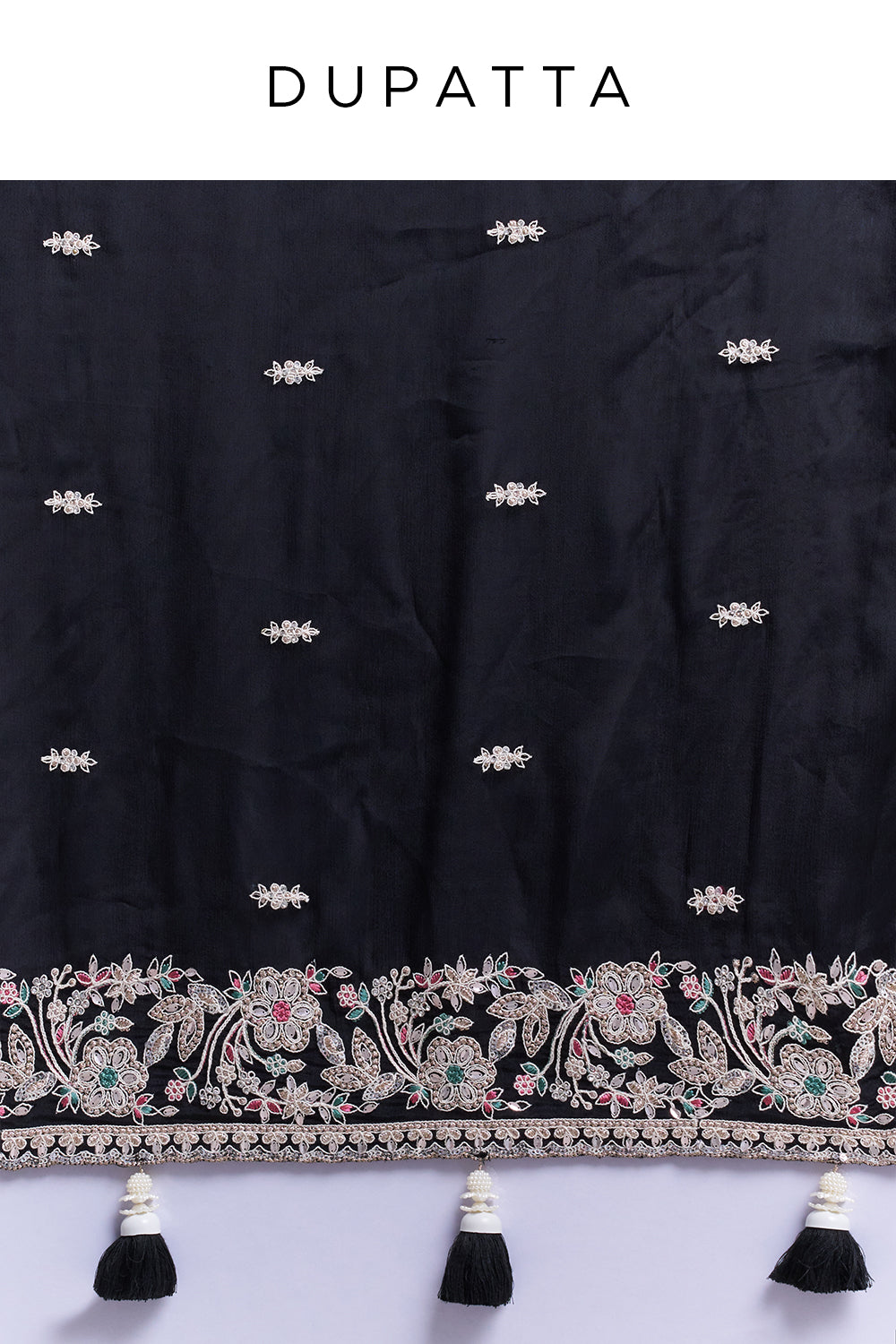 Black Crepe Embroidered Saree with Floral Border