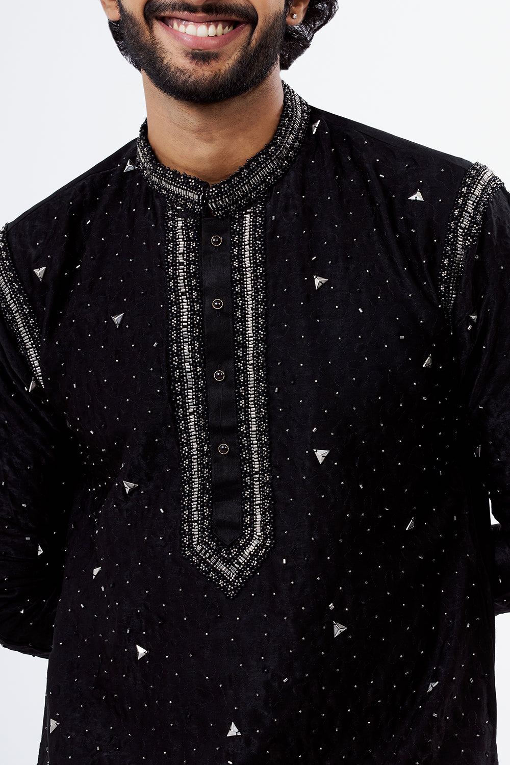 Black Micro Velvet Embroidered Men's Kurta Set