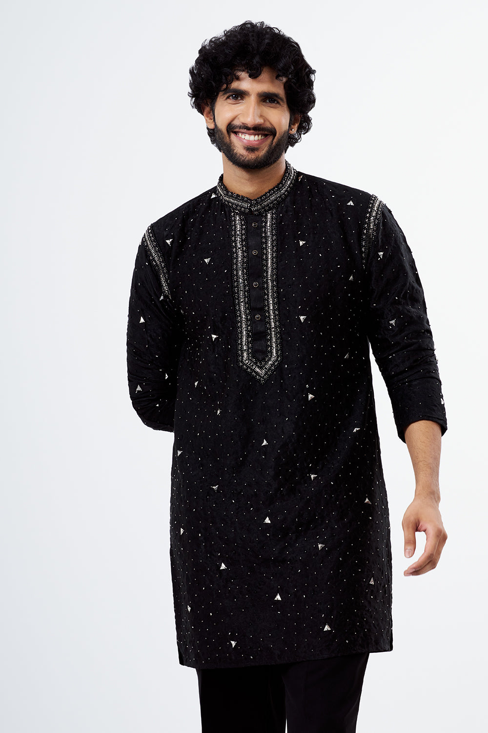 Black Micro Velvet Embroidered Men's Kurta Set
