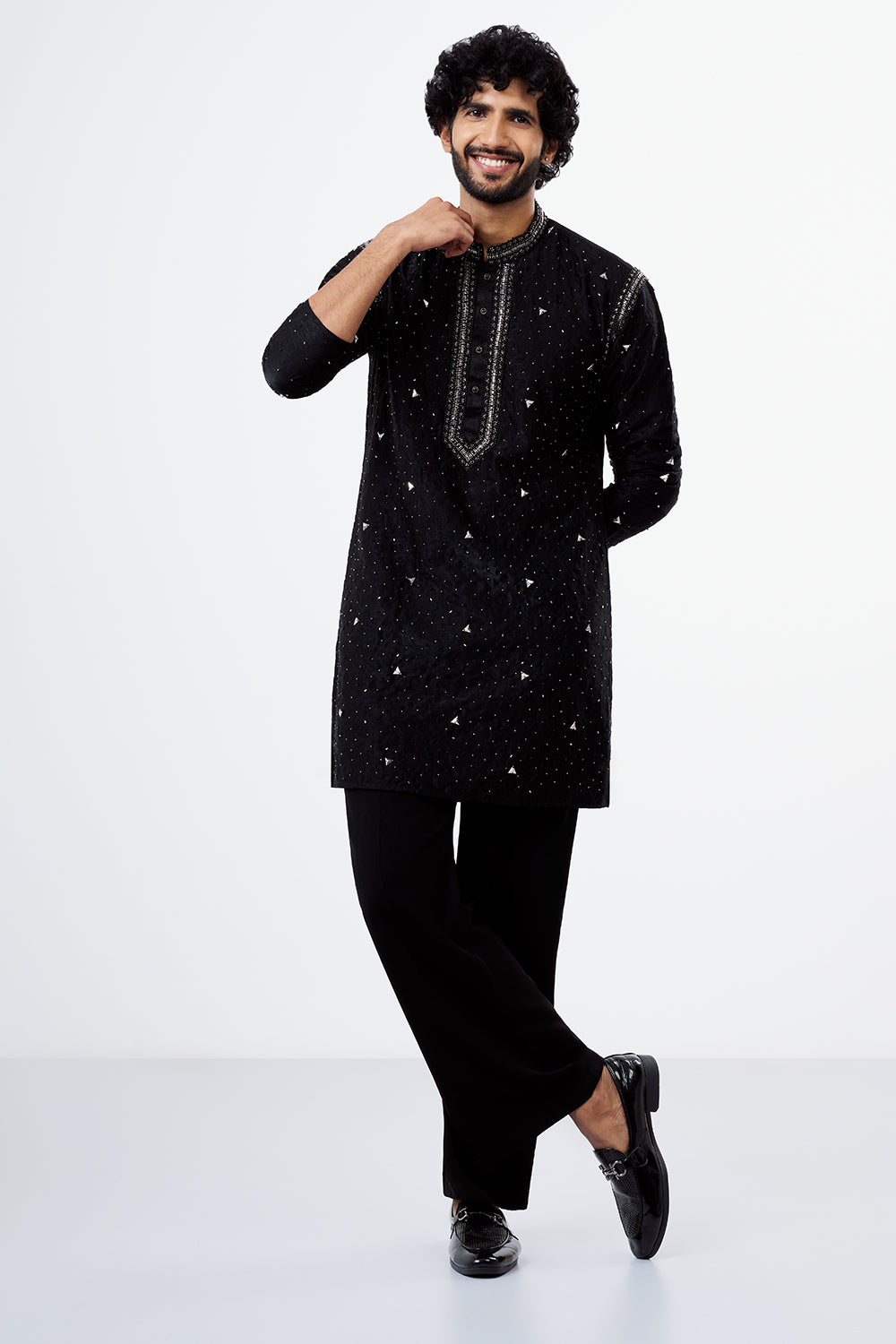 Black Micro Velvet Embroidered Men's Kurta Set