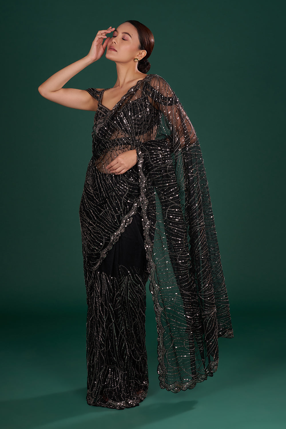 Black Net Saree with Sequin Embroidery and Unstitched Blouse