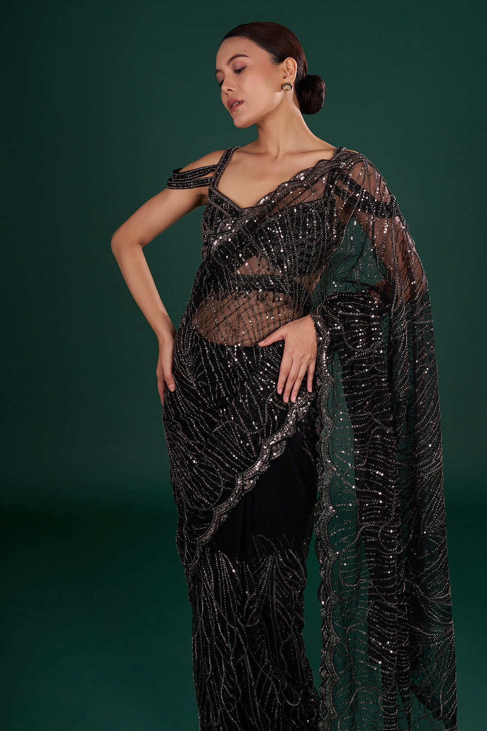 Black Net Saree with Sequin Embroidery and Unstitched Blouse