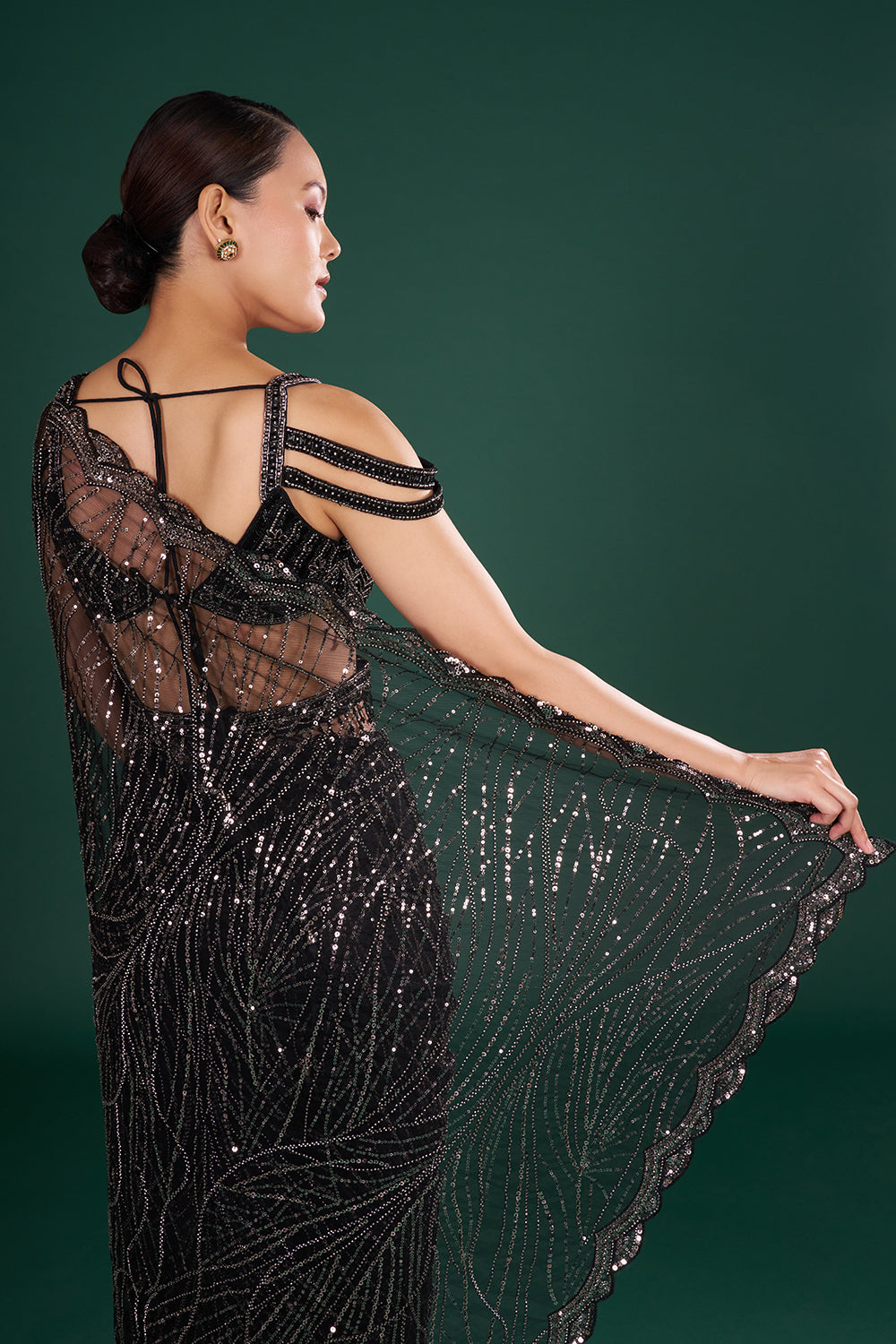 Black Net Saree with Sequin Embroidery and Unstitched Blouse