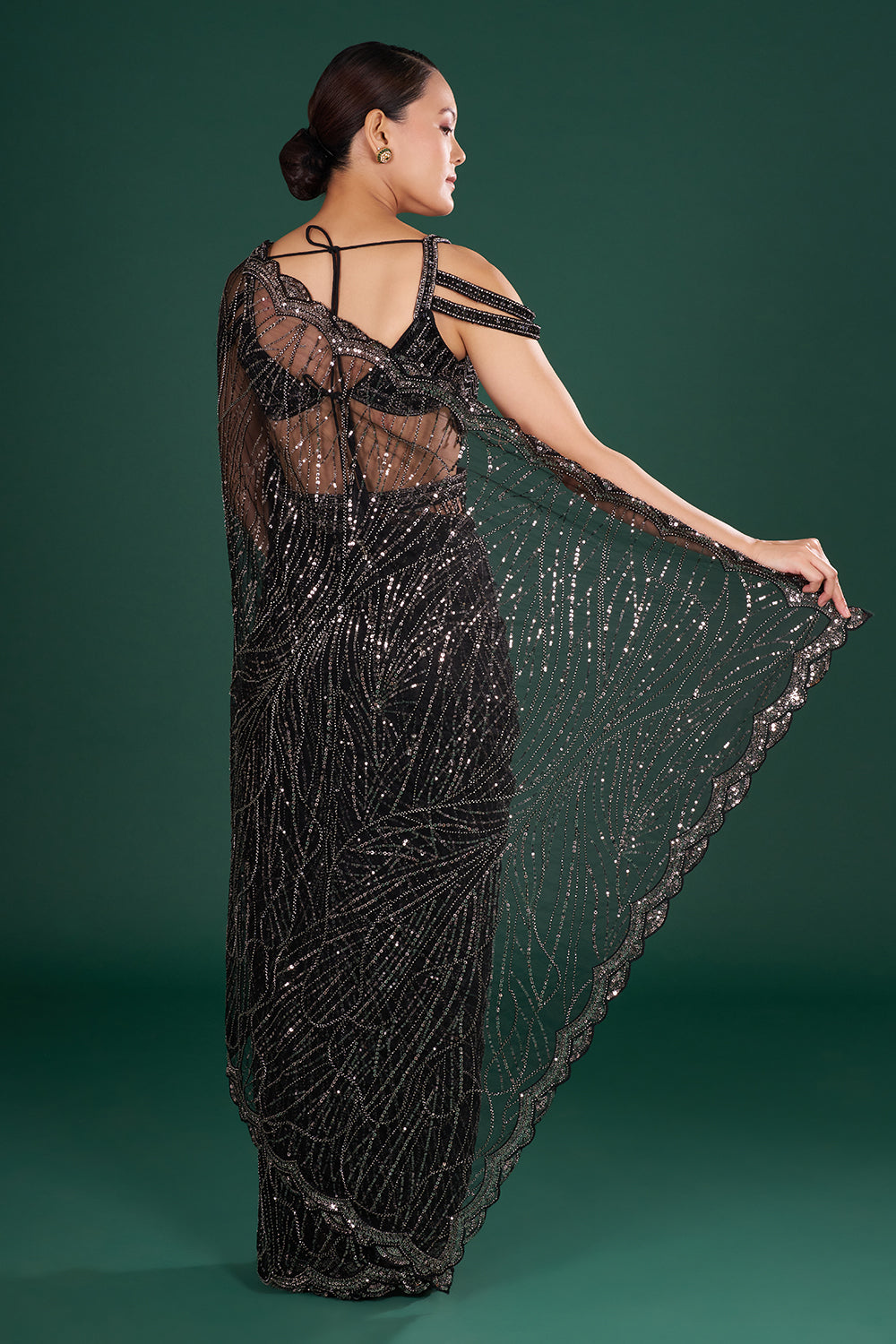 Black Net Saree with Sequin Embroidery and Unstitched Blouse