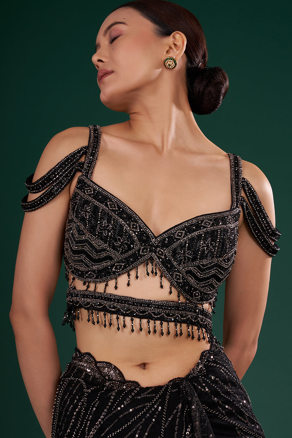 Black Net Saree with Sequin Embroidery and Unstitched Blouse