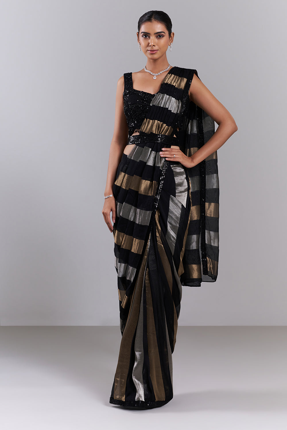 Black Organza Pre-Drapped Saree with Sequinned Blouse
