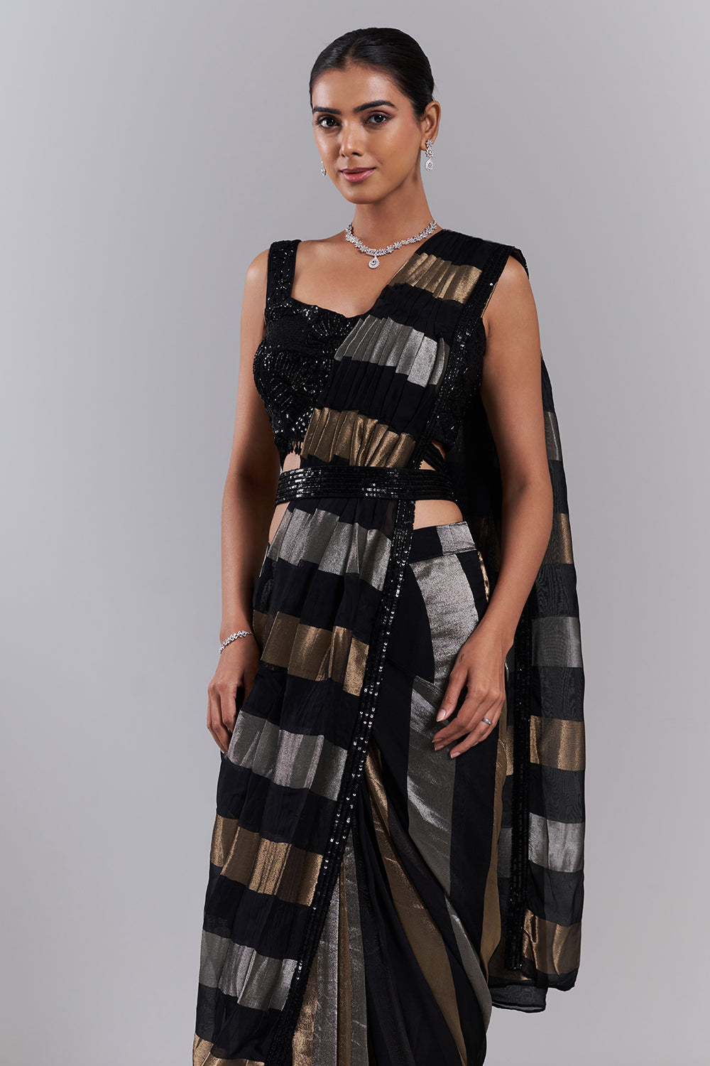 Black Organza Pre-Drapped Saree with Sequinned Blouse