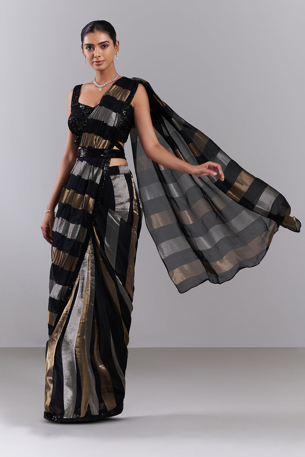 Black Organza Pre-Drapped Saree with Sequinned Blouse