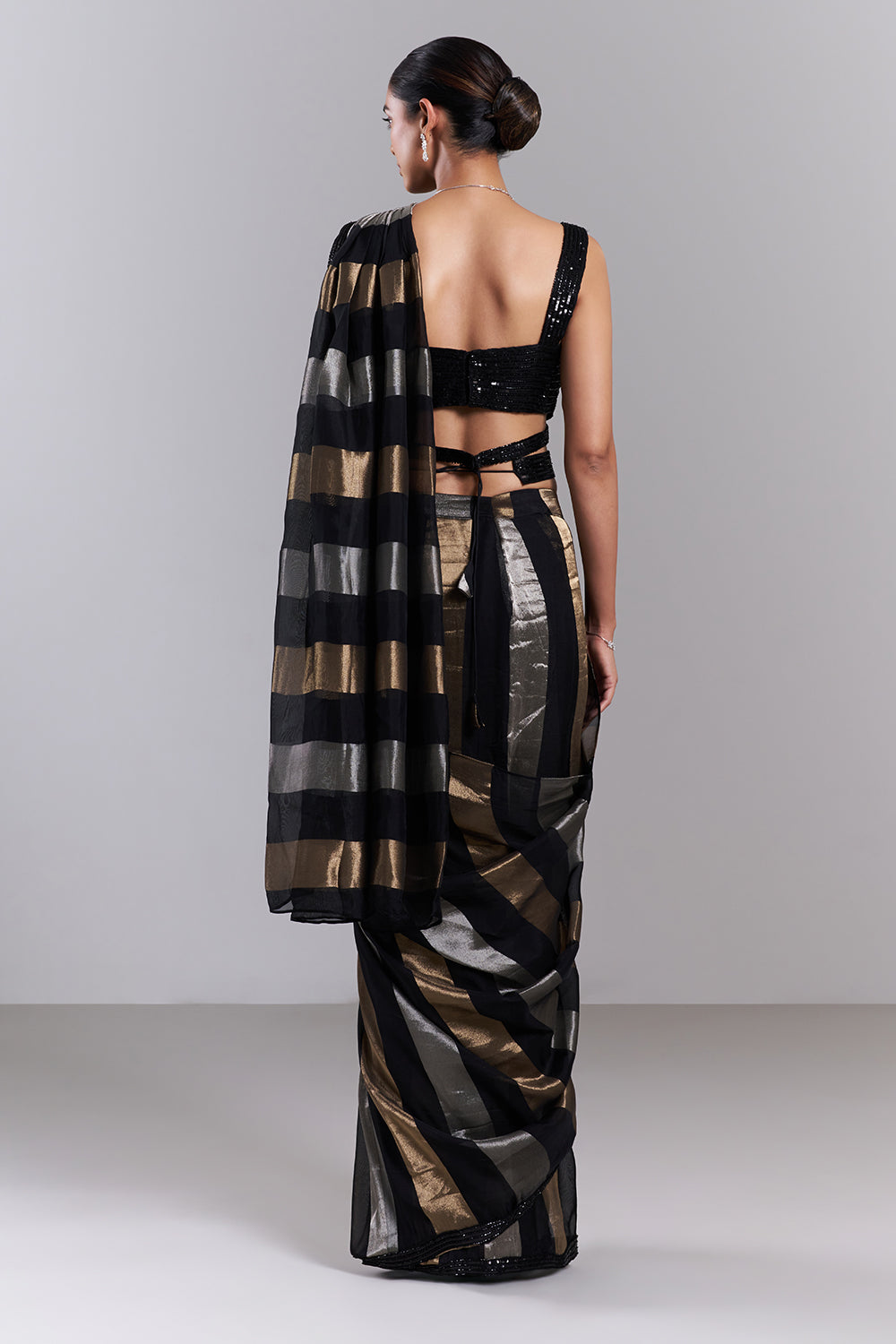 Black Organza Pre-Drapped Saree with Sequinned Blouse