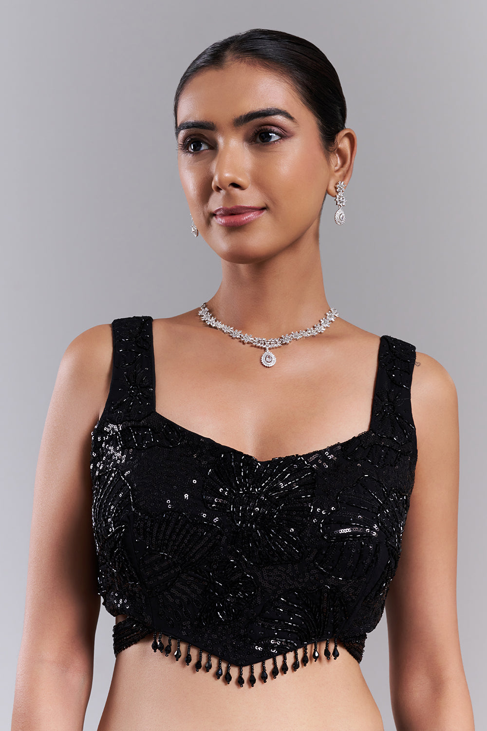 Black Organza Pre-Drapped Saree with Sequinned Blouse