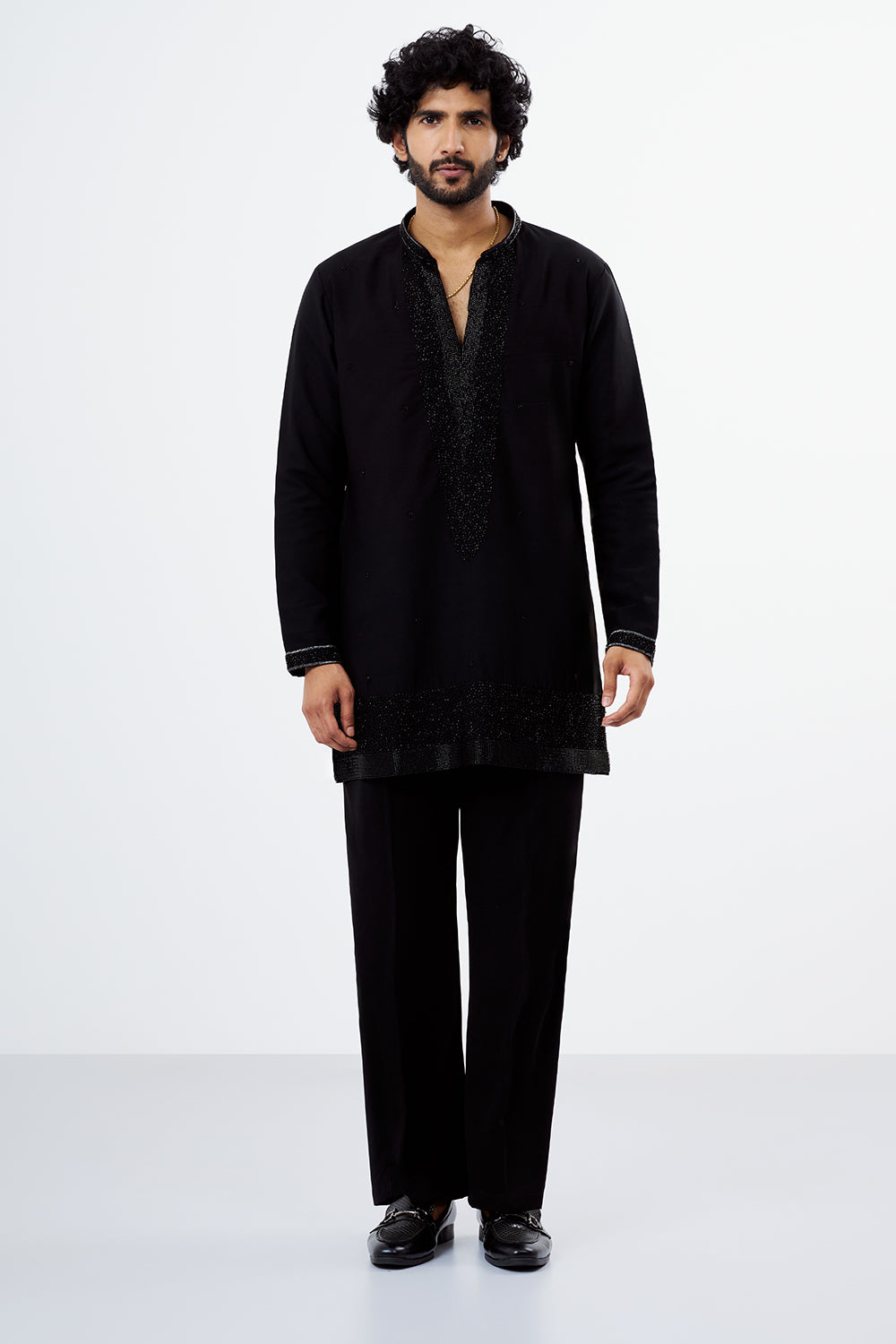 Black Polyester Cotton Bead Work Men's Kurta Set