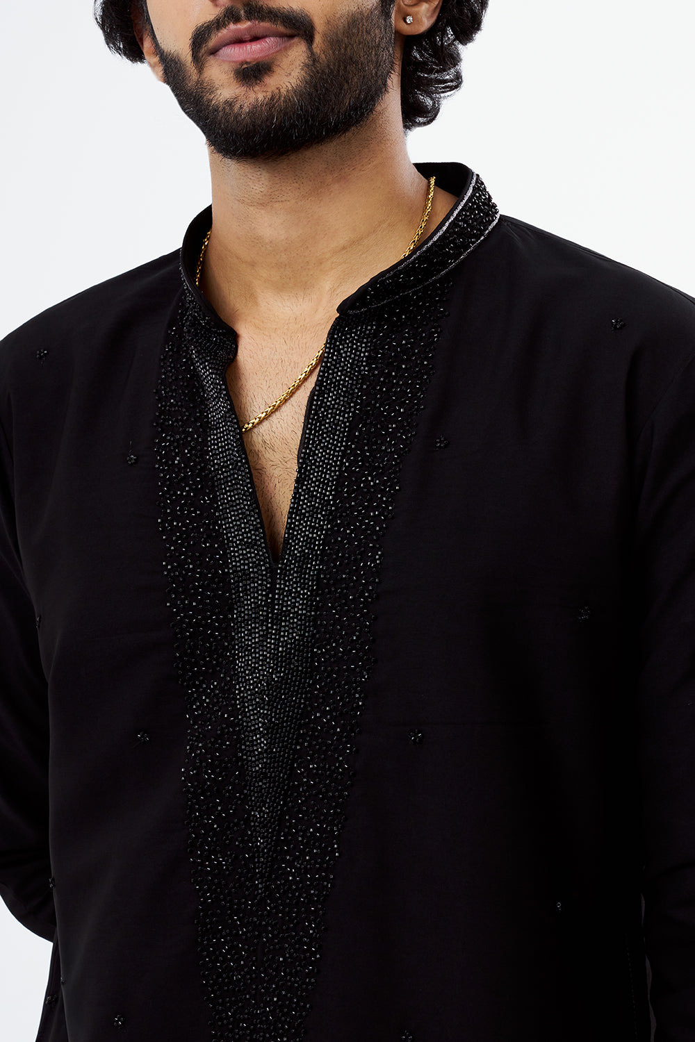 Black Polyester Cotton Bead Work Men's Kurta Set