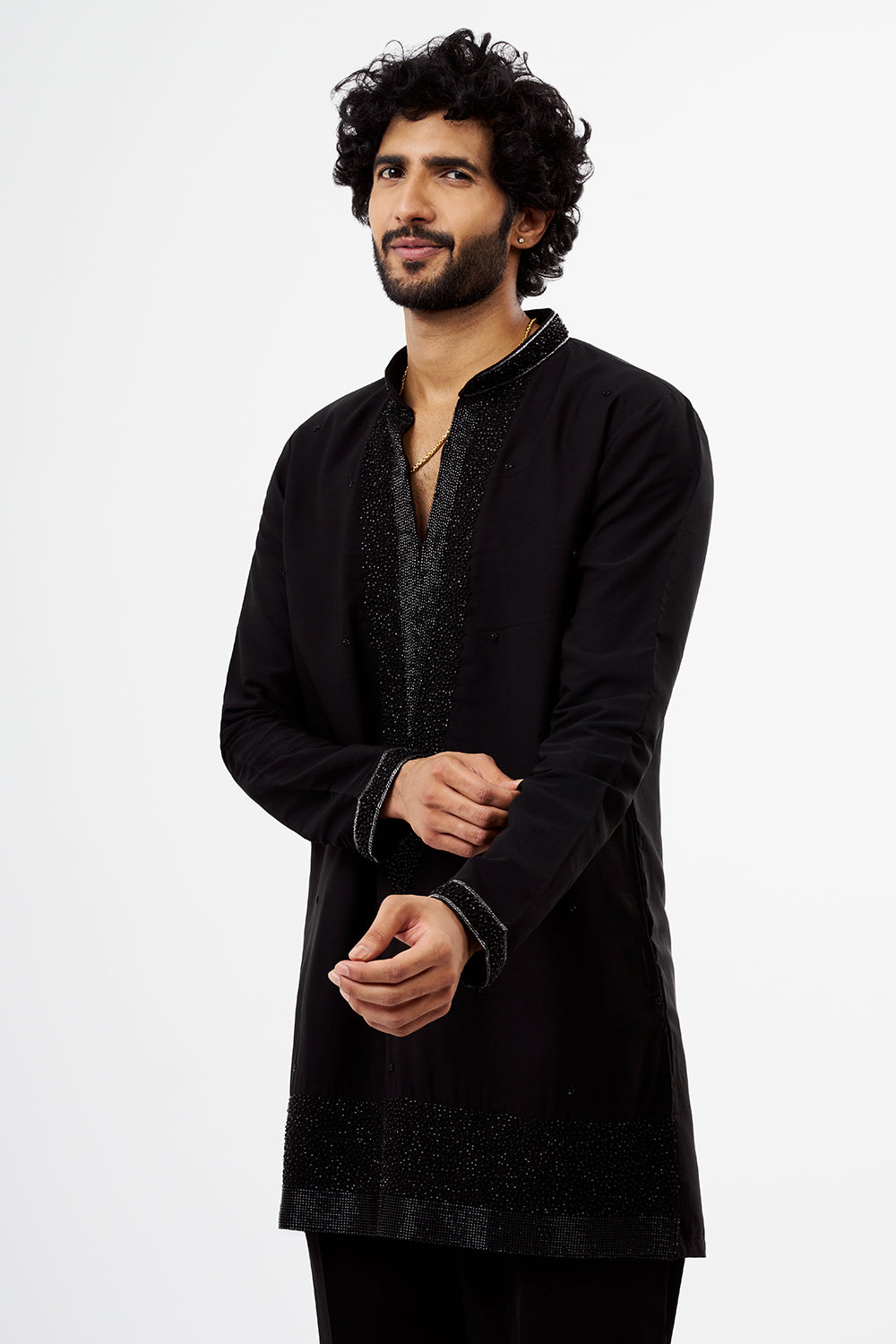 Black Polyester Cotton Bead Work Men's Kurta Set
