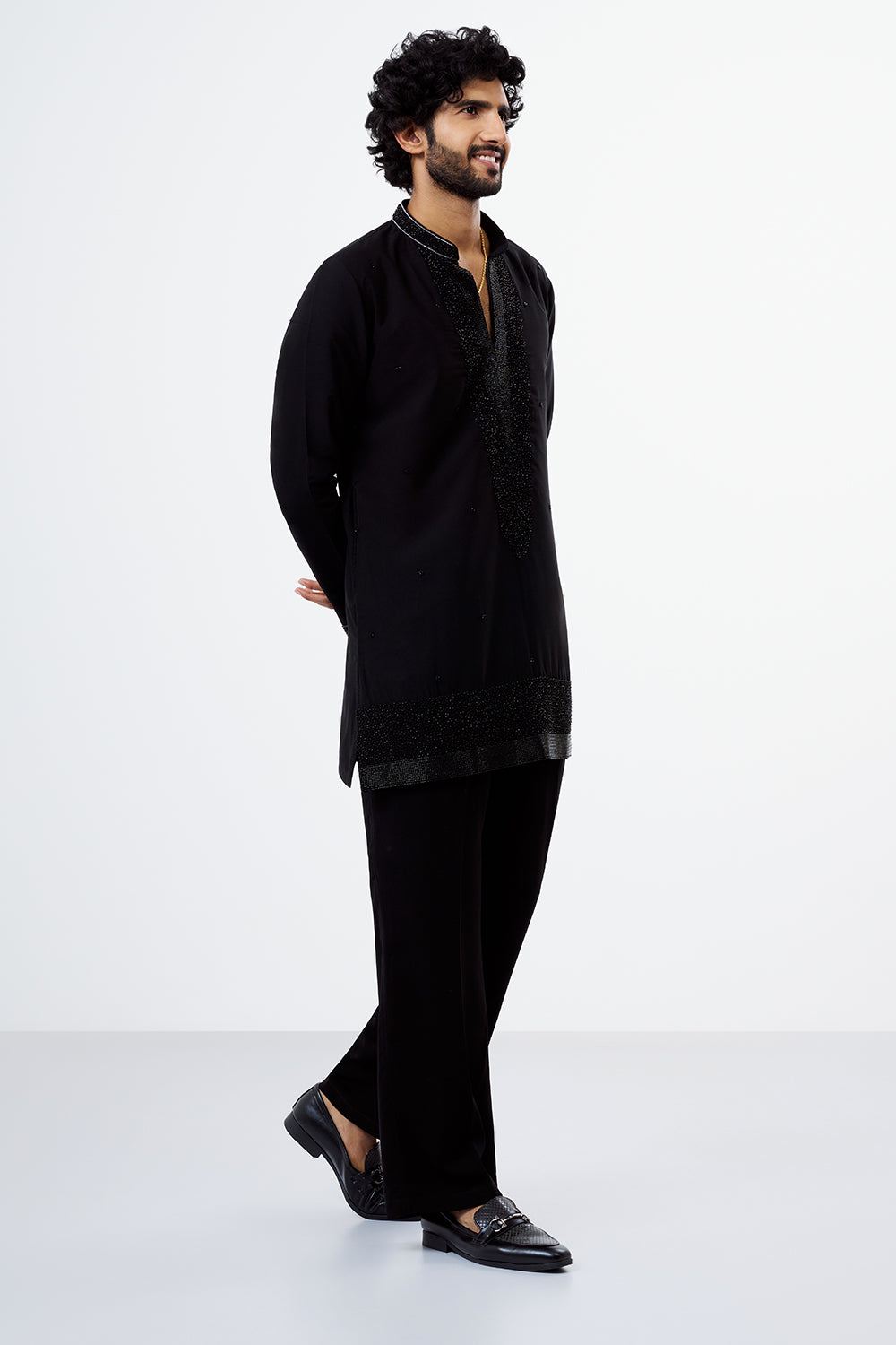 Black Polyester Cotton Bead Work Men's Kurta Set