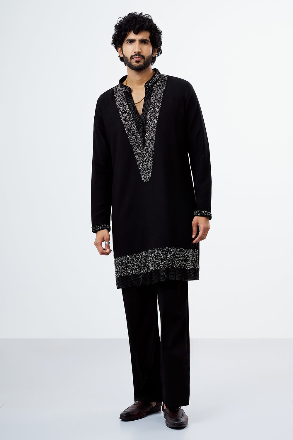Black Polyester Cotton Men's Kurta Set with Sequin Work