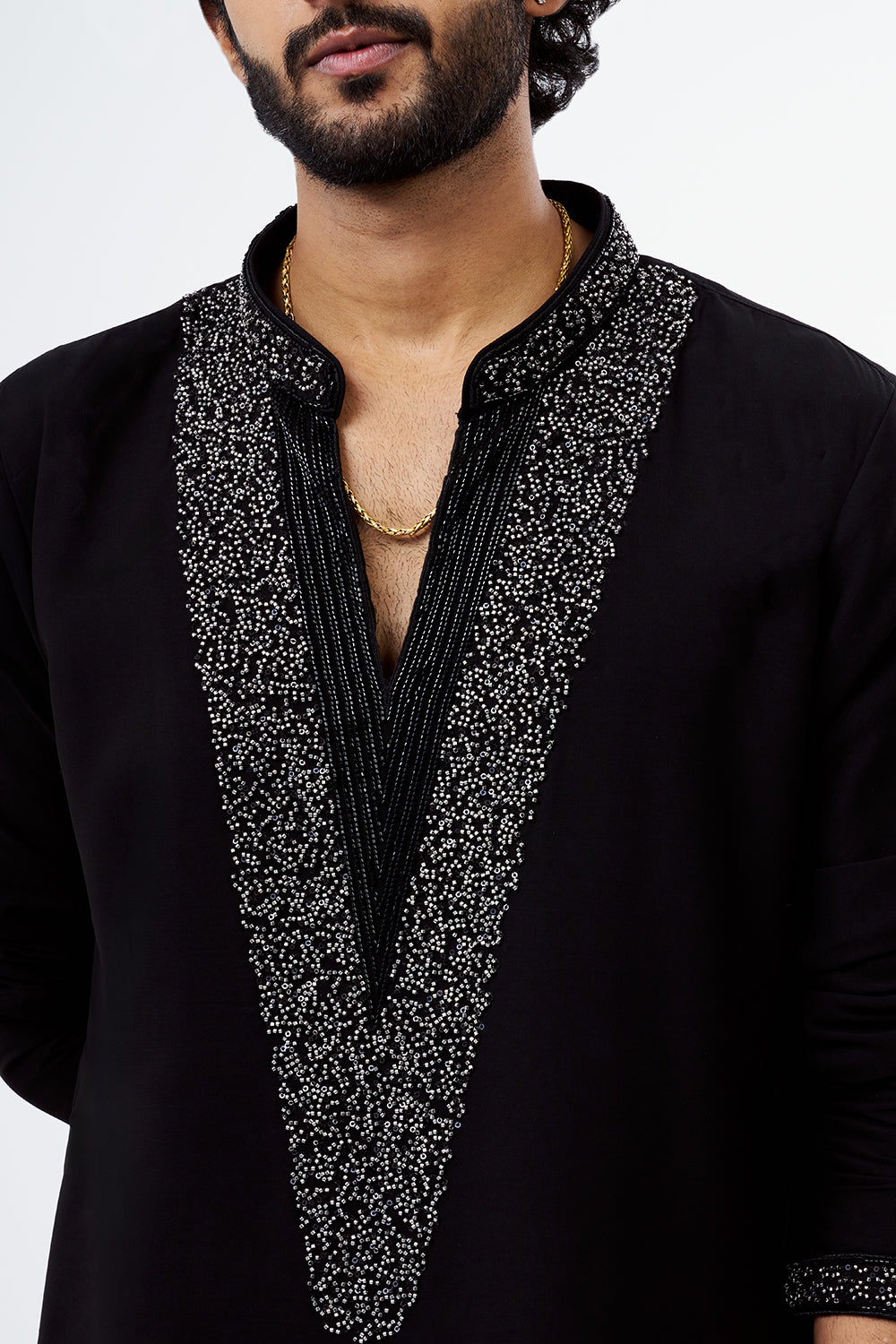 Black Polyester Cotton Men's Kurta Set with Sequin Work