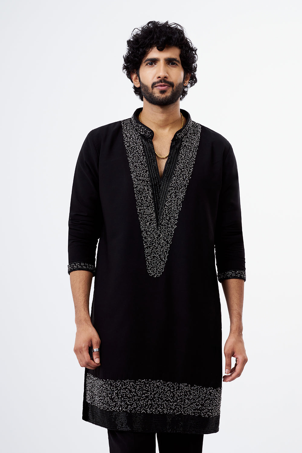 Black Polyester Cotton Men's Kurta Set with Sequin Work