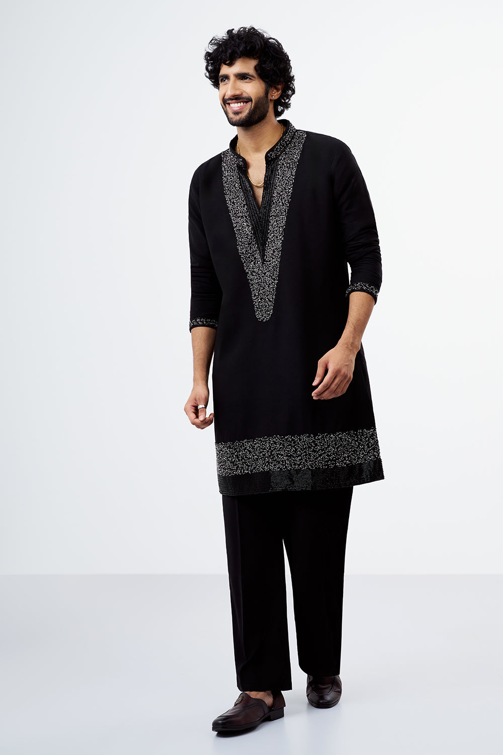 Black Polyester Cotton Men's Kurta Set with Sequin Work